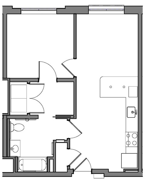 Floor plan for 1 bed, 1 bath, 615 sqft